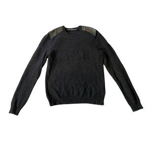 Guess Mens Black Knit Sweater Faux Leather Shoulder Patches Medium